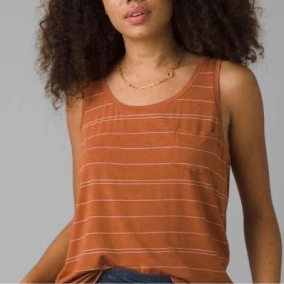 New! prAna Foundation Scoop Neck Tank top Copper Heather Stripe women's M - Picture 1 of 14